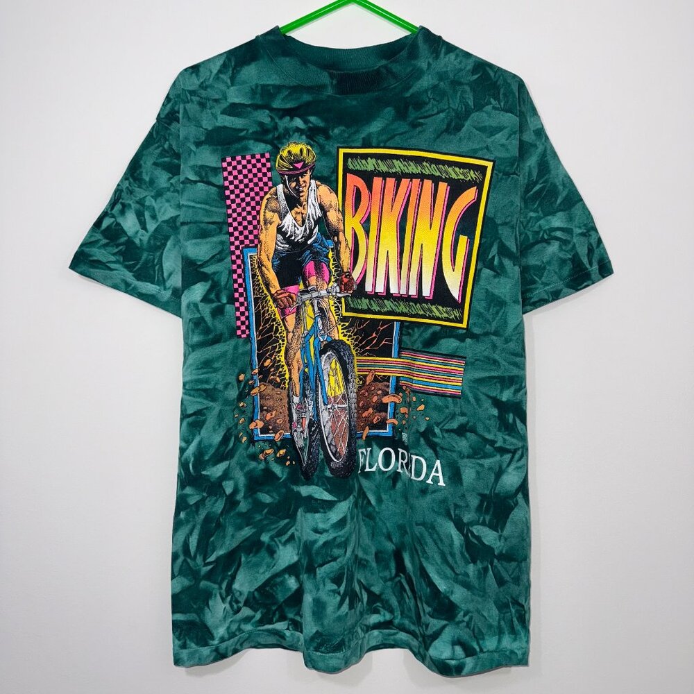 Vintage 1990s Biking Florida Tie Dye Green Delta Shirt Size XXL Single Stitch